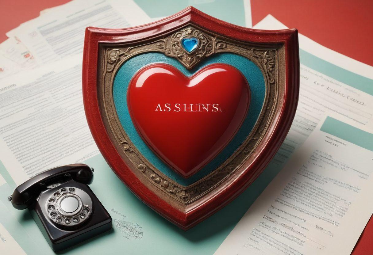 A heart-shaped shield symbolizing love, surrounded by various insurance policy documents and telemarketing phones, blending together in a vibrant color palette. A subtle background depicting a serene couple interacting, representing protection and trust in relationships. The overall atmosphere should convey warmth and security. super-realistic. vibrant colors.