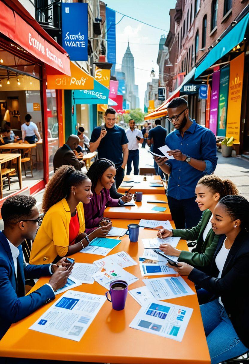 A diverse group of people discussing and reviewing consumer contracts at a bright café table, showcasing various documents and smartphones with apps related to consumer rights. The background highlights a cityscape promoting awareness with banners about consumer protection. The scene embodies a sense of community, trust, and empowerment. vibrant colors. super-realistic.